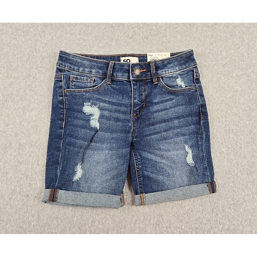 SO Jean Shorts Girls Size 10 Mid Rise Denim Bermuda Short Distressed Jeans NWT